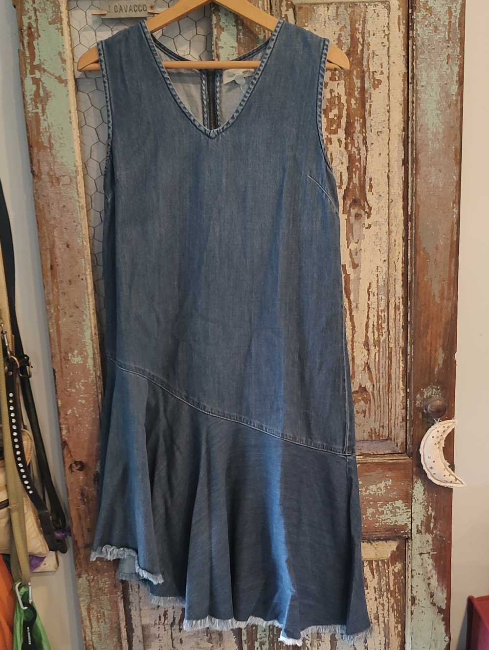 Sleeveless Denim V-Neck Flared Dress - Blue